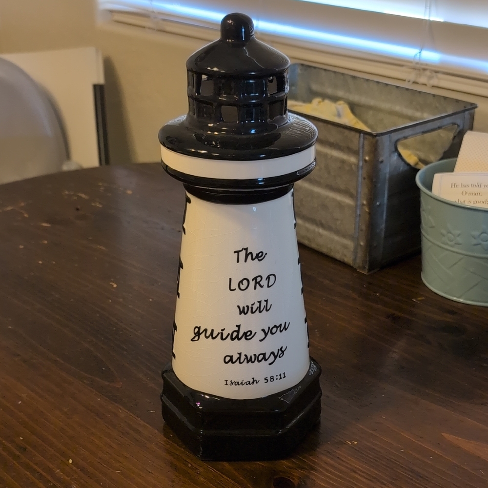 Black and Off White Lighthouse Decor With Inspirational Verse